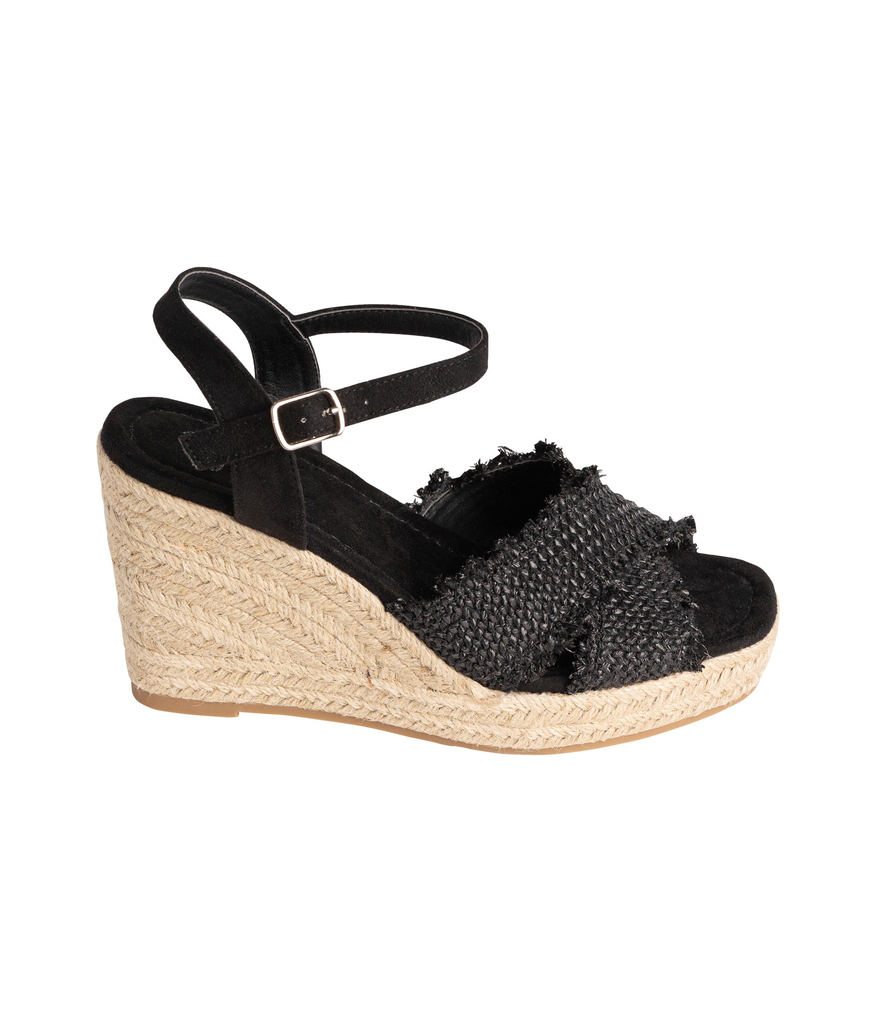 Elinor Black Wedge Sandals Ankle Strap 3 Point 5 Inch Heel Naughty Monkey